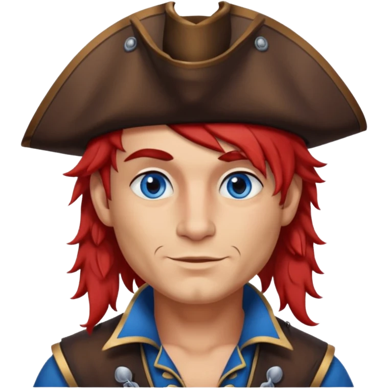flirting french pirate with a chin dimple blue eyes and hair that fades from red to brown and a wolfcut hairstyle emoji