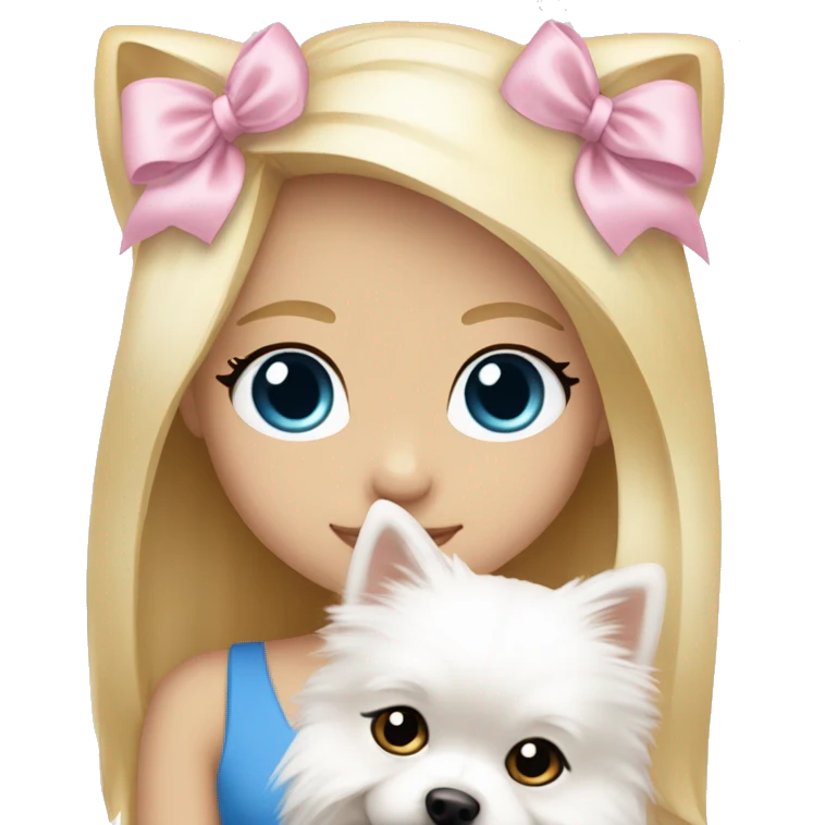 Blond girl white skin blue eyes hugging white Pomeranian with light pink bow emoji