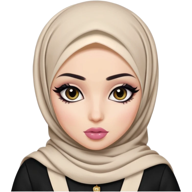 hijabi, pretty lips, clothes, pale skin,  dark eyes, pretty bratz baddie, black eyeliner emoji