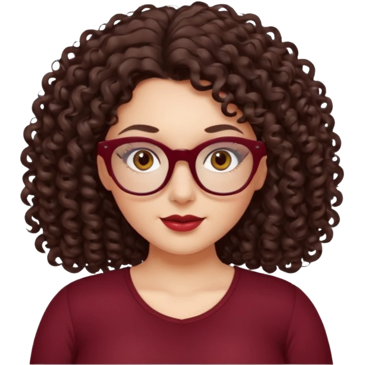 brunette , curly long hair , gray eyes , dark red glasses , curvy emoji