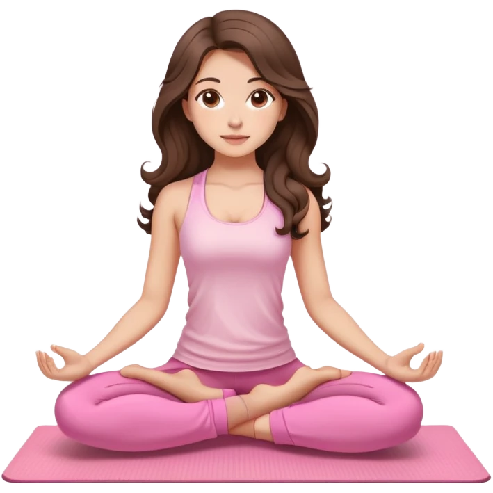 Brunette long curled hair and brown eyes yoga beautiful girl in light pink clothes sitting on a yoga mat emoji