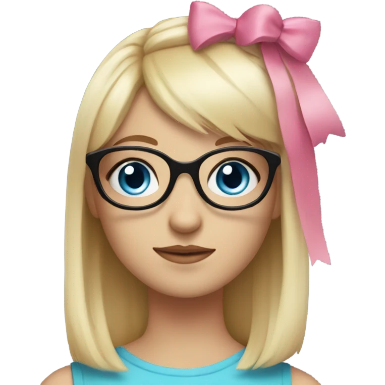 girl with blue eyes, black glasses, blonde hair with a fringe, pink top and pink bow in her hair emoji
