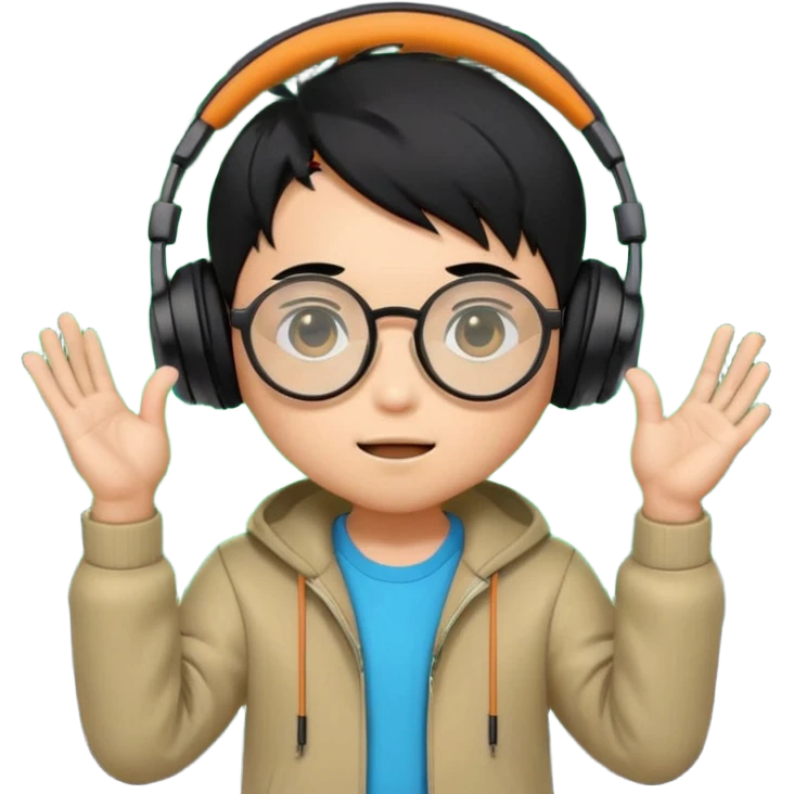 Chibi Japanese boy with black hair and round glasses, big headphones, vibing hard to electronic music, strong beat pulse lines around him, neon glow, exaggerated cartoon style, streaming emote. emoji