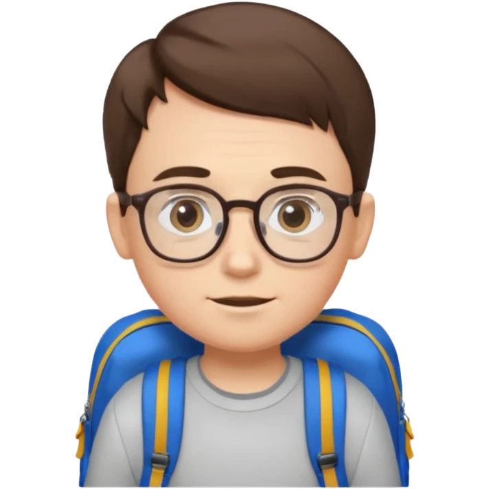 a boy with combover short brown hair and blue eyes, glasses, backpack emoji