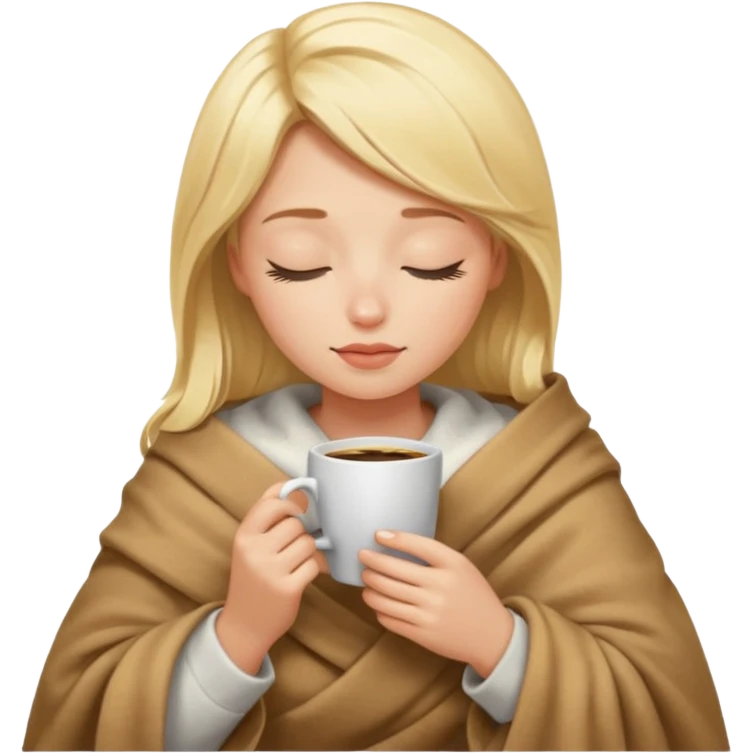 Blonde girl inside a blanket sipping coffee eyes closed emoji