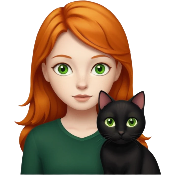 ginger girl with green eyes and a black cat emoji