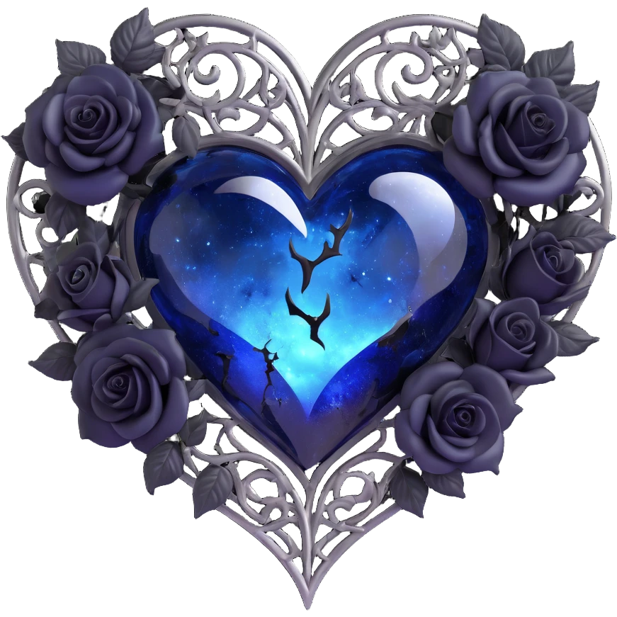 gothic heart, deep blue glass, silver moon, black roses, stardust, lightning, rain, cracked glass, subtle style emoji