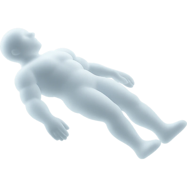 side view of unconscious person flying torso up, arms and legs down, made of very bright white convex clouds, matte glass style emoji