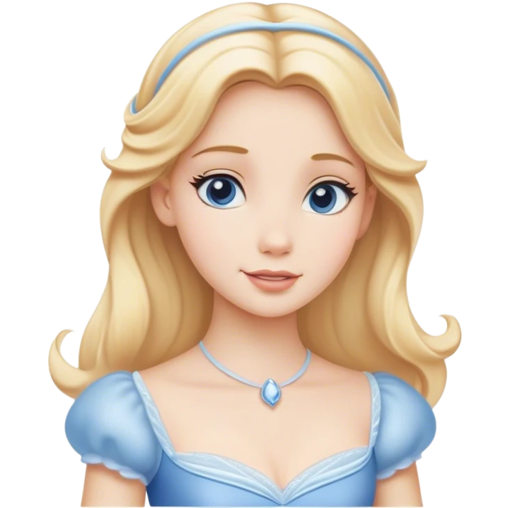 Cinematic Serene Cinderella Portrait Emoji, rendered in a realistic, vector-style with minimal shading. Depict a gentle Cinderella (chest and above) with porcelain skin, smooth blonde hair falling in soft waves, and calm, inviting eyes. Dressed in her modest daytime dress, she exudes quiet grace and pure enchantment, highlighted by a soft glowing outline. emoji
