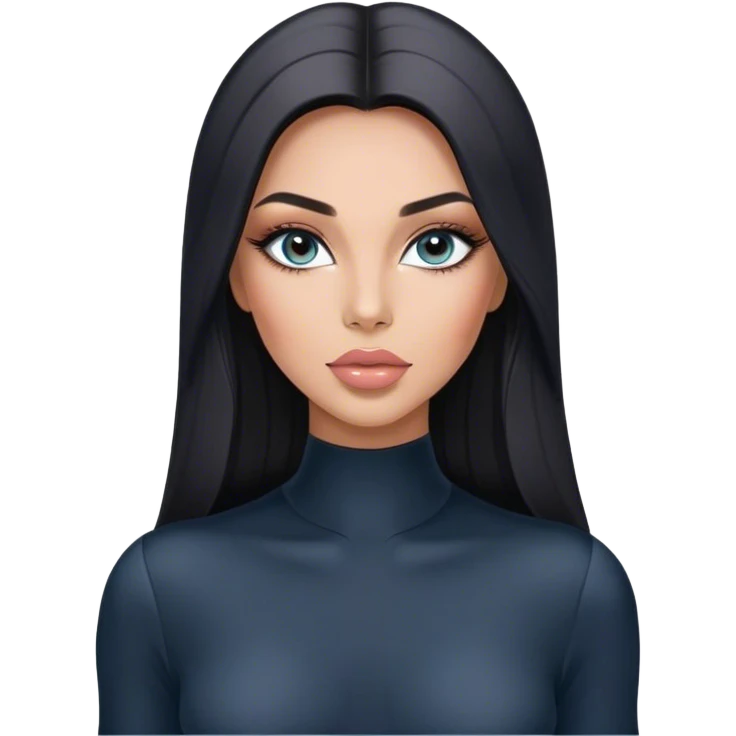 Glamours, tanned, very beautiful girl, with big pump peach-beige-rose lips, long long lashes, black straight smooth silky long hair, straight parting hair, blue-grey eyes in black long-sleeves bodysuit emoji