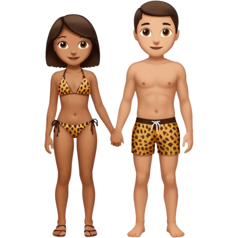 a girl wearing leopard print bikini standing with a boy wearing shorts both brunette emoji