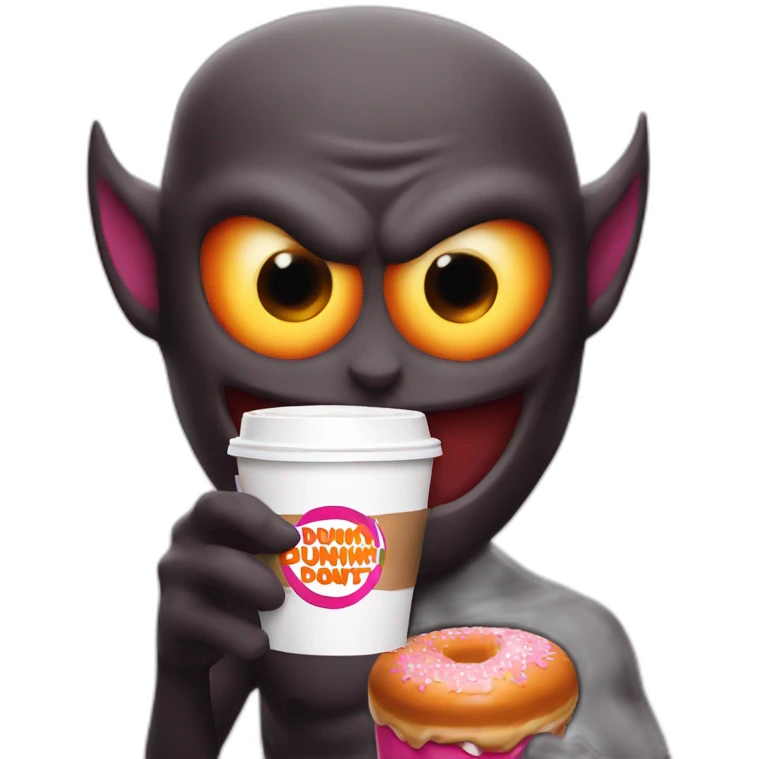 a demon holding a dunkin donuts coffee cup emoji