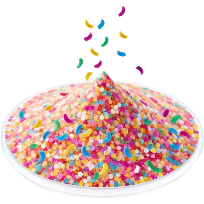 Cinematic Realistic Sparkles & Sprinkles, a delicate swirl of tiny, multicolored sugar confetti and edible glitter, scattered across a smooth reflective surface, each speck glinting under soft ambient light, glowing vibrantly with a dreamy and magical charm. emoji