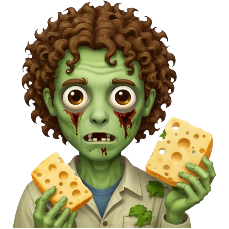 curly hair man zombie holding moldy cheese piece emoji