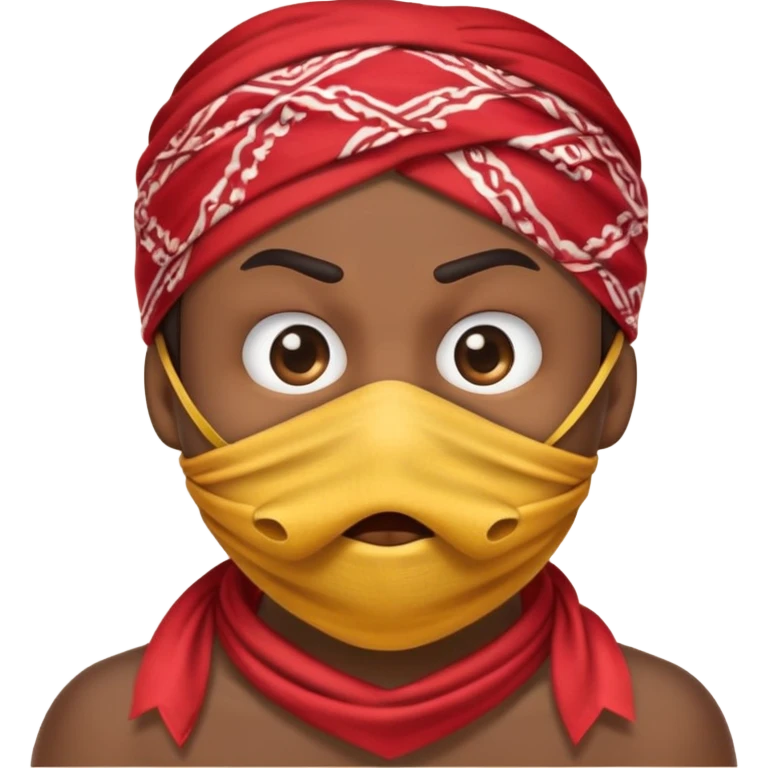 "An emoji with a bandana covering its mouth, slightly angry eyes, and making the silence gesture emoji