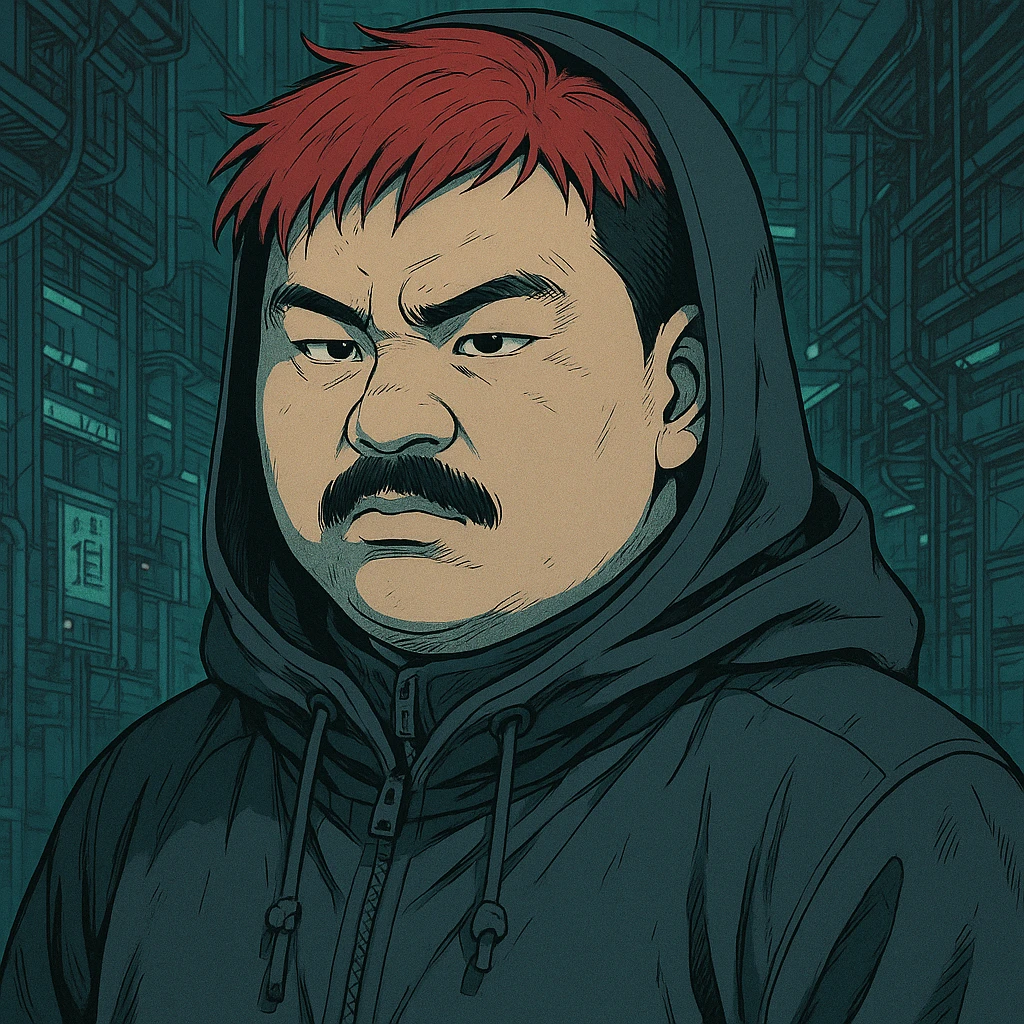 Asian man with a round face, black mustache, red hair, black hoodie, Japanese manga style inspired by Ghost in the Shell, more anime-like features, cyberpunk atmosphere, detailed linework, subtle color accents emoji