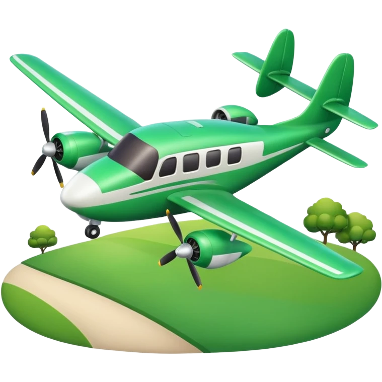A 3D cartoon small twin-propeller airplane flying low over fields, gentle lighting, bright background, Memoji-style rendering. emoji