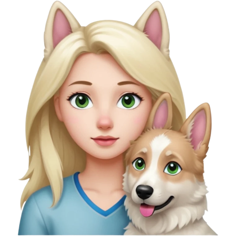 White European young woman with blue-green eyes and long blond hair with her white German Shepherd dog,the Dog hast a pink nose and short fur  and Brown eyes emoji