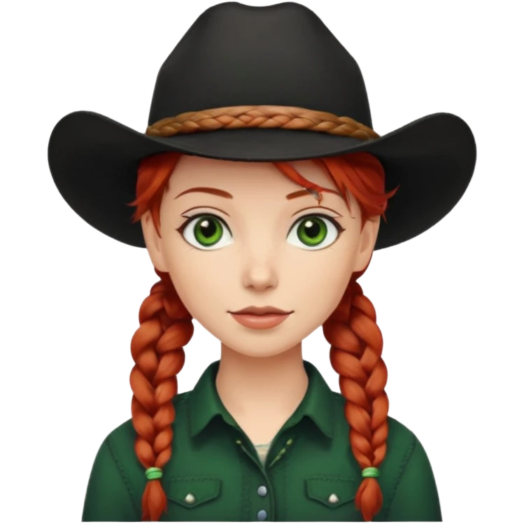 cowgirl with red hair green eyes black hat braided hair emoji