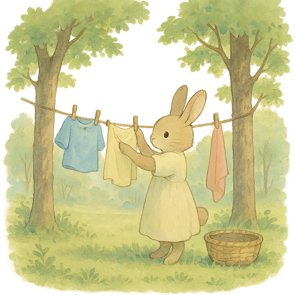 bunny hanging laundry between trees, calming domestic forest feel, soft pastel colors emoji