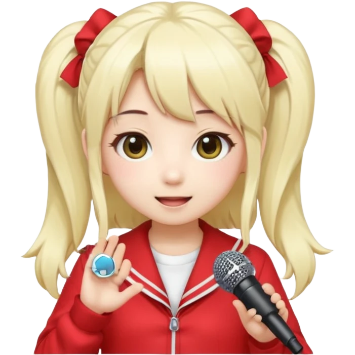 Cute kawaii emoji-style Japanese K-pop singer girl, long platinum blonde hair in twin tails, red outfit, holding a microphone, Japanese K-pop idol vibes, big sparkling eyes, chibi proportions, clean lineart, pastel colors, cheerful idol smile, sticker/emoji style, transparent background emoji