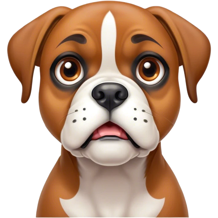 Cinematic Comical Fawn Boxer Dog Portrait Emoji, Head tilted dramatically with an exaggeratedly shocked or offended expression, featuring a sleek fawn coat with a distinctive white muzzle, wide, expressive brown eyes filled with exaggerated disbelief, Simplified yet hilariously expressive features, highly detailed, glowing with a slightly sassy glow, high shine, dramatic yet playful, stylized with an air of attitude, bright and endearing, soft glowing outline, capturing the essence of a sassy and over-the-top guardian, so meme-worthy it feels like it could side-eye its way into internet fame instantly! emoji