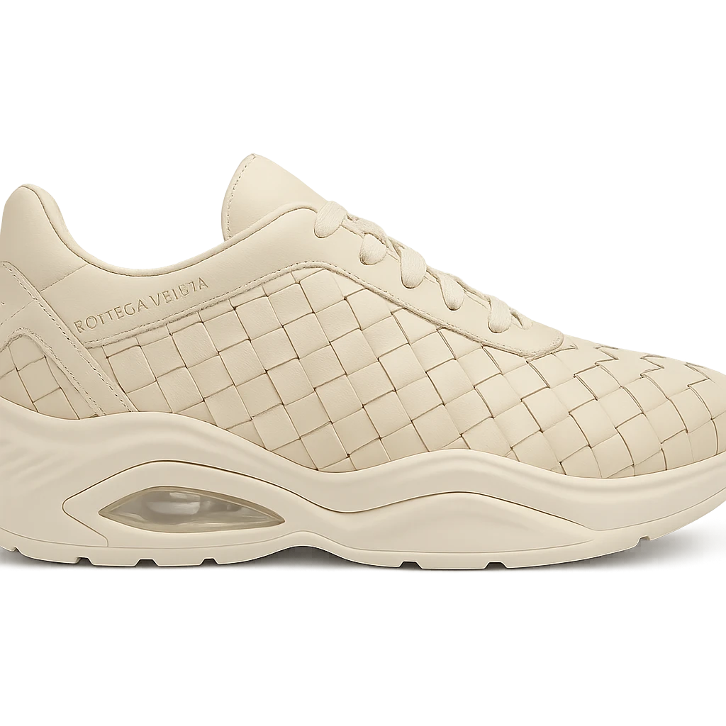 Bottega Veneta Orbit sneaker, close-up on woven leather, modern silhouette, premium craftsmanship emoji