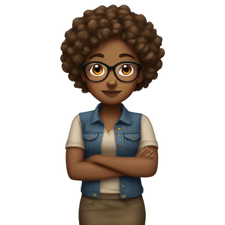 Brown girl with curly brown hair wearing glasses and arms folded emoji