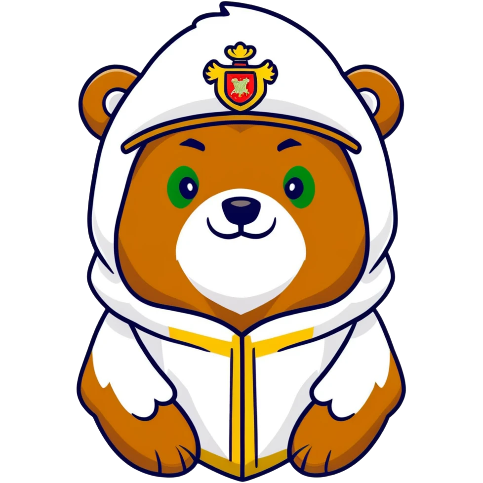 Cute grizzly bear face with green eyes, wearing a white fur hat with golden Russian coat of arms in the middle emoji