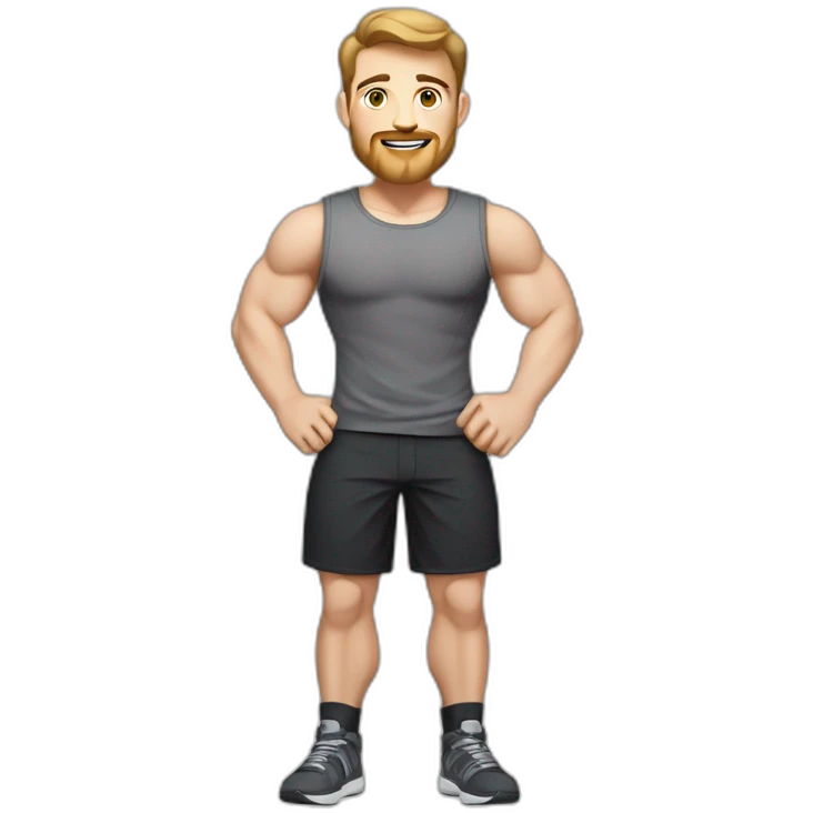 Full height Pale skinned fit man With biceps, Realistic eyes and mouth, light brown hair and stubble In dark gray sleeveless mike, black oversize sports shorts, watch and white sneakers. emoji