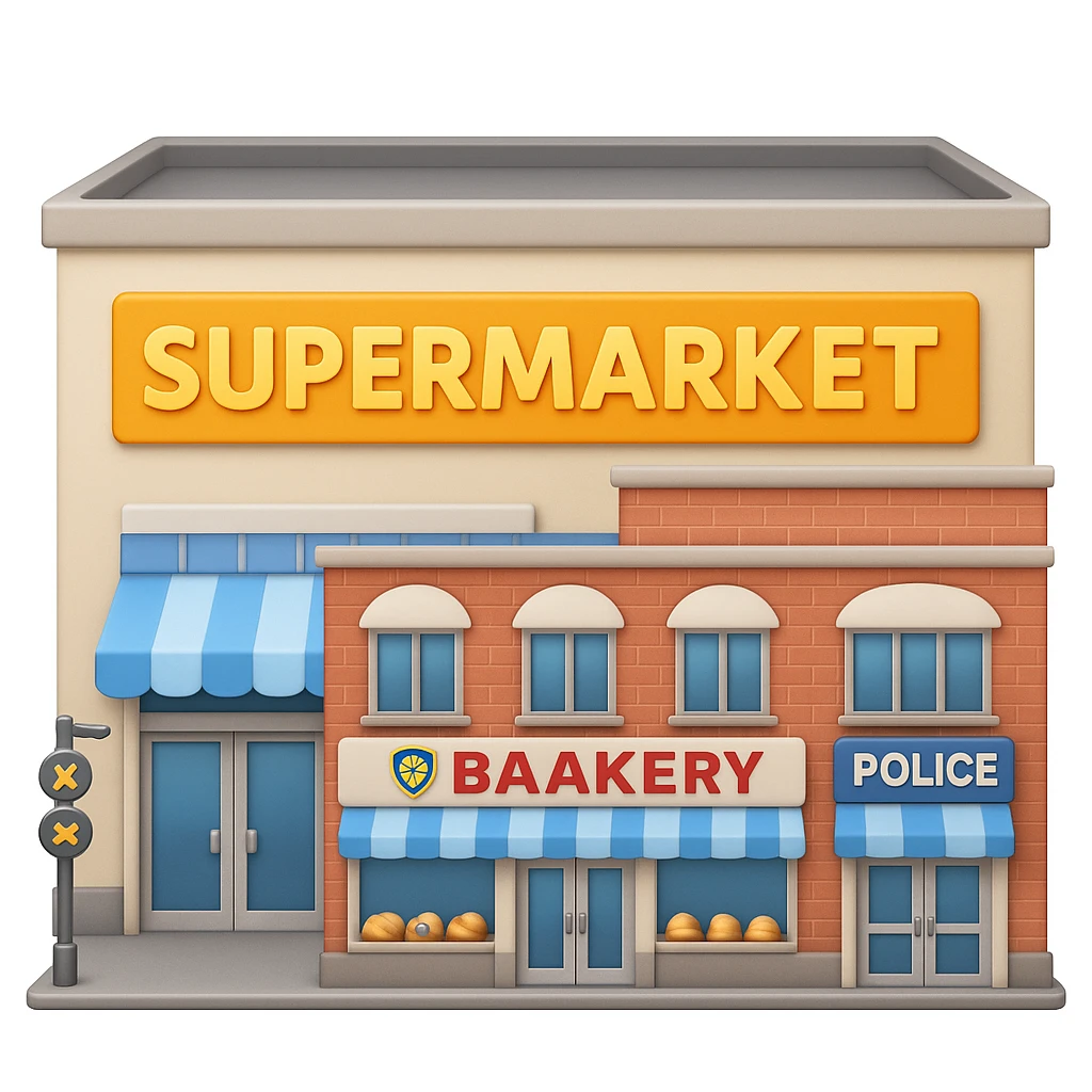 Make the supermarket in the scene much larger and more visually distinct, with a clear supermarket sign above the entrance. Keep the bakery and police station visible. The style should resemble emoji style, focusing on concise and clear visual elements typical of apple style emojis. emoji