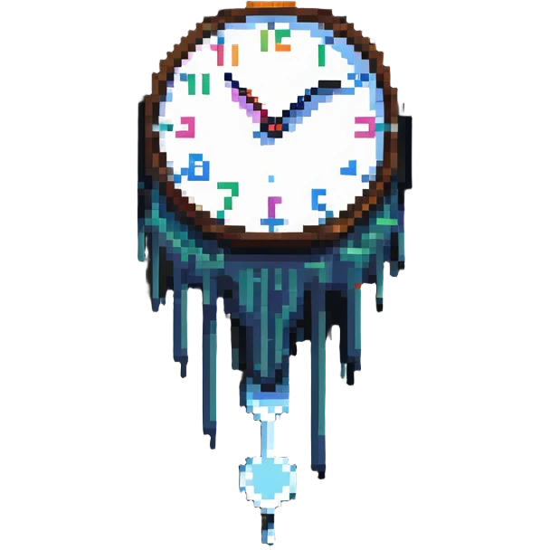 melting clock, surreal, inspired by Dali's Persistence of Memory, pixel art style emoji