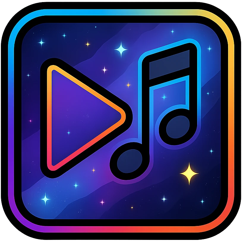 previous song icon with dark purples, blues, black base, neon glowing border, nebula gradients, small bright stars, subtle glow, specular highlights, luminous effect, accent colors cyan, pink, yellow, green, orange, consistent with media controls set emoji