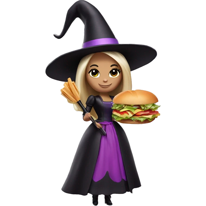 Barbie as a witch holding a sandwich and a scepter emoji