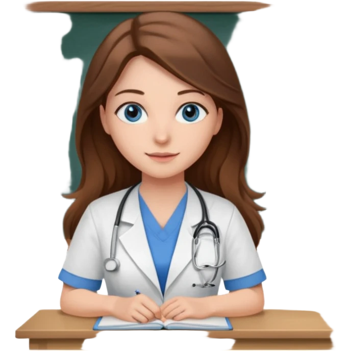 university classroom that says nursing school on the blackboard with a pretty female nursing student with long brown hair, blue eyes emoji