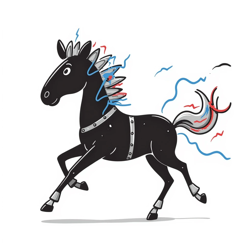 Fast running electric horse constructed from metal plates, bolts, blue and red wires, with electricity and lightning coursing through its body emoji