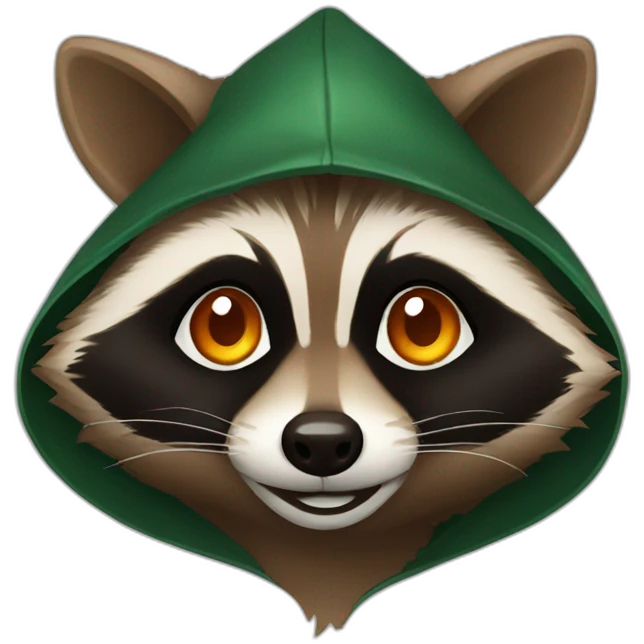 brown raccoon with orange eyes and a dark green hood that is smiling emoji