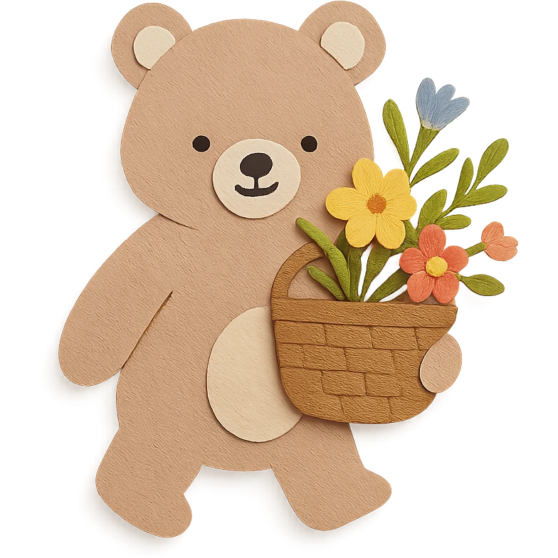 bear carrying a basket of wildflowers, soft pastel brown and cream, paper craft style emoji
