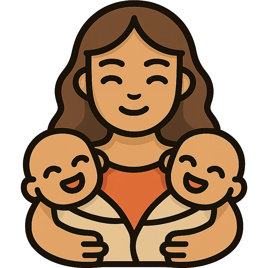 vector illustration of a mother like the reference, holding two smiling babies at her chest, expressive and detailed, smooth lines, soft shadows and highlights, complex shapes, light beige-brown palette, plasticity, clear facial features, atmosphere of coziness and love emoji