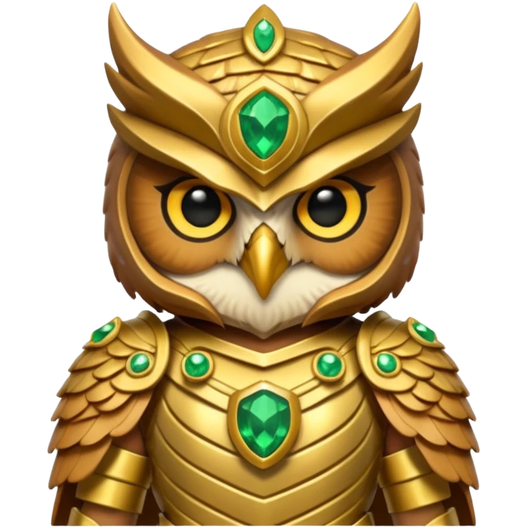 owl warrior wearing golden armor embedded with emerald jewels emoji