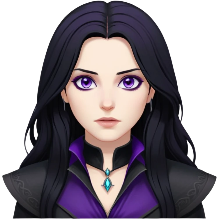 Yennefer from Witcher with long black hair, violet eyes, pale skin, wearing black clothes emoji