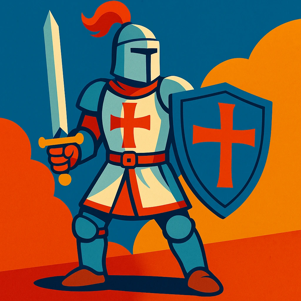 Christian knight in medieval armor, holding a sword and shield with a cross, vibrant toon style emoji