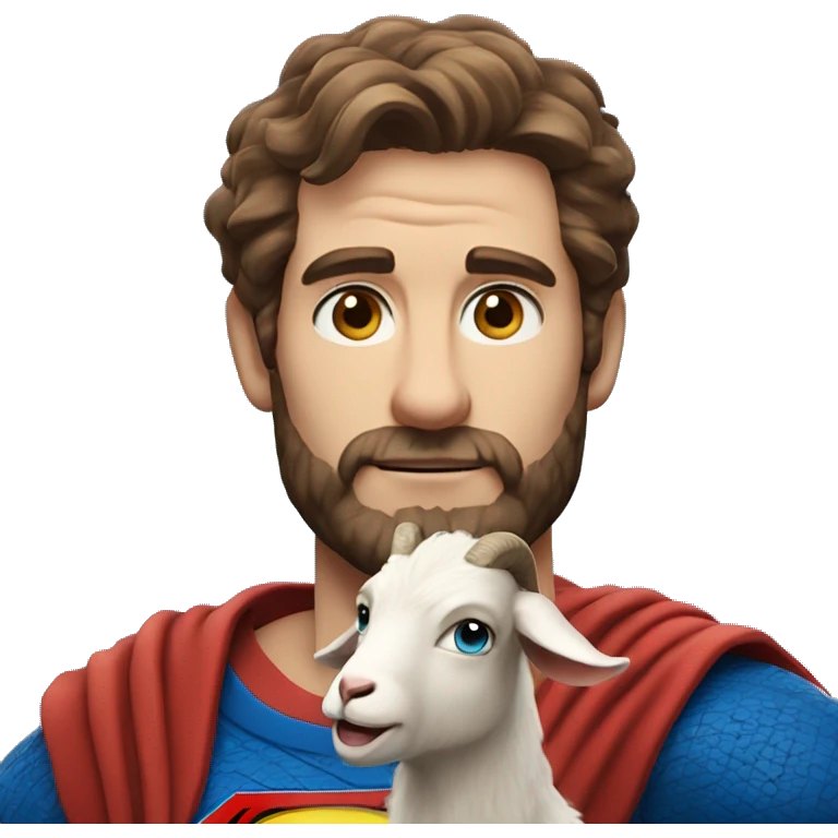 Man holding a goat, redish brown hair redish scruffy beard, blue eyes, wearing a superman outfit emoji