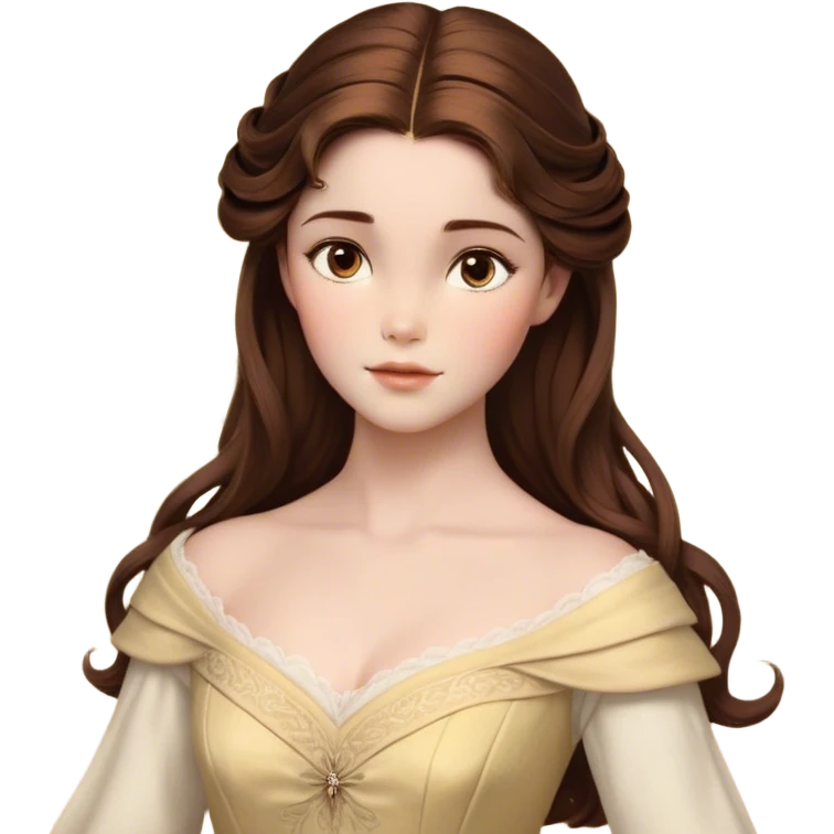 Cinematic Realistic Belle Portrait, depicted with lifelike skin texture, soft natural lighting, and intricately detailed brown hair styled elegantly. Her deep, expressive eyes exude warmth and intelligence, complemented by a serene and graceful expression. She is dressed in her classic attire, with rich fabric textures and delicate folds that catch the light beautifully. The portrait features a soft, enchanting glow with a natural, radiant finish, capturing the essence of timeless beauty in a realistic and painterly style, evoking a sense of depth and authenticity. emoji