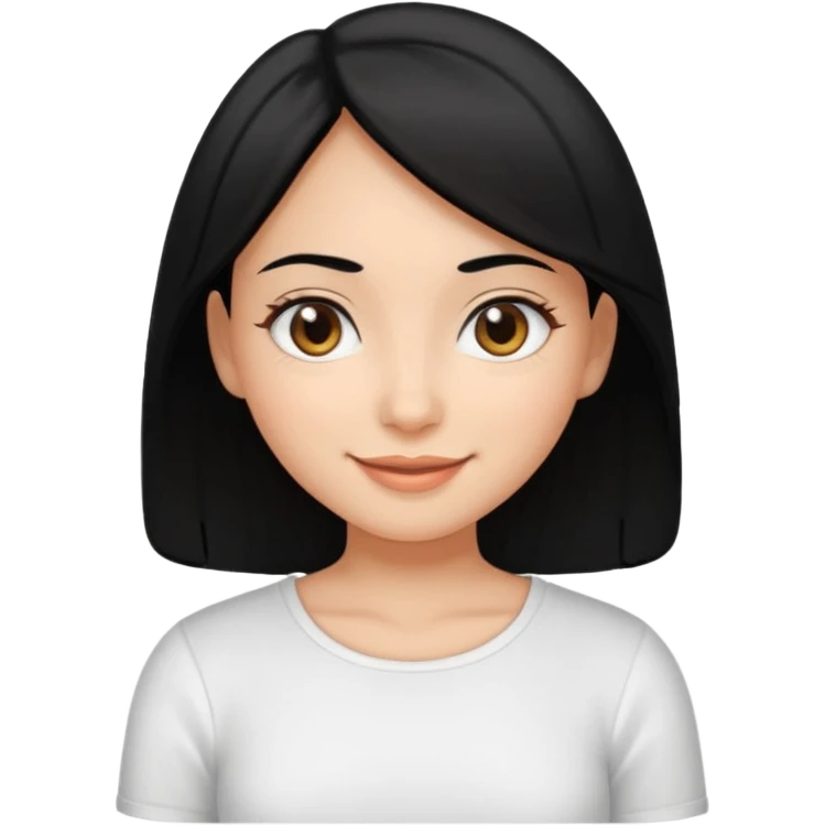 A girl who has black hair,dark brown eyes(almond shape),medium skin wearing a white top smiling emoji