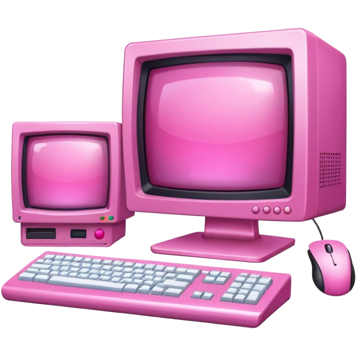 shiny pink transparent sparkly 90s computer with CRT monitor, keyboard, PC tower, mouse emoji