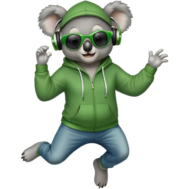 anthropomorphised koala, full body, wearing a hoodie and jeans, dark sunglasses, headphones, dressed for St. Patrick's Day, jumping in a different pose emoji