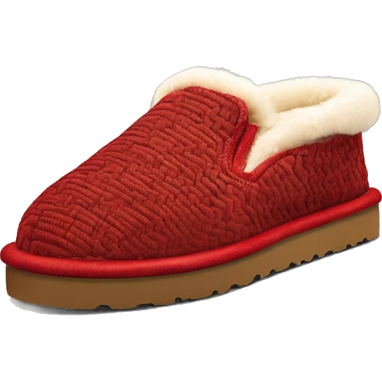 Chestnut colored low cut ugg slip-on slippers. thin red woven zig-zag trim on the cuff, a red heel pull tab, and a thick platform sole. ” emoji