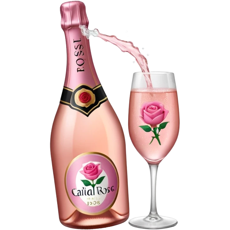 bottle of sparkling rose champagne tilted up and to the right, with a rose logo emoji