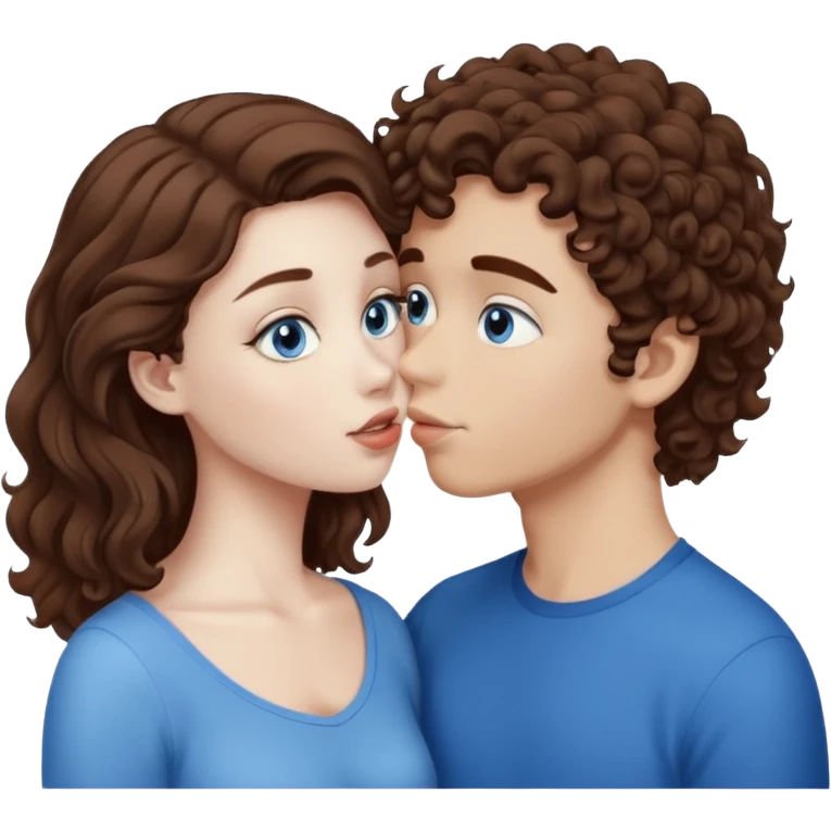 A girl with white skin and straight brown hair, kissing a boy with brown hair with curls, white skin and blue eyes emoji
